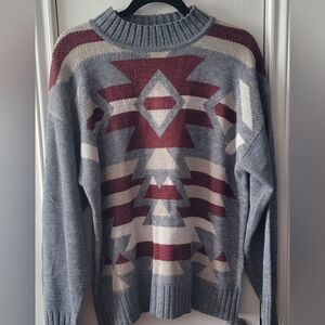 Baltic Born Geometric Patterned Gray and Red Women's Sweater